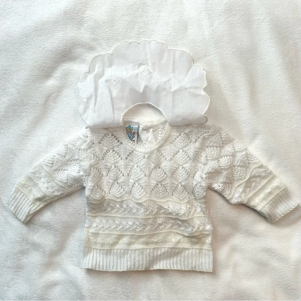 Vintage Rodes Ivory Knit Baby Bear Sweater 0-3M Scalloped Bib Buttonback Neutral